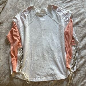 Free People White and Peach Lace-Up Long Sleeve Top